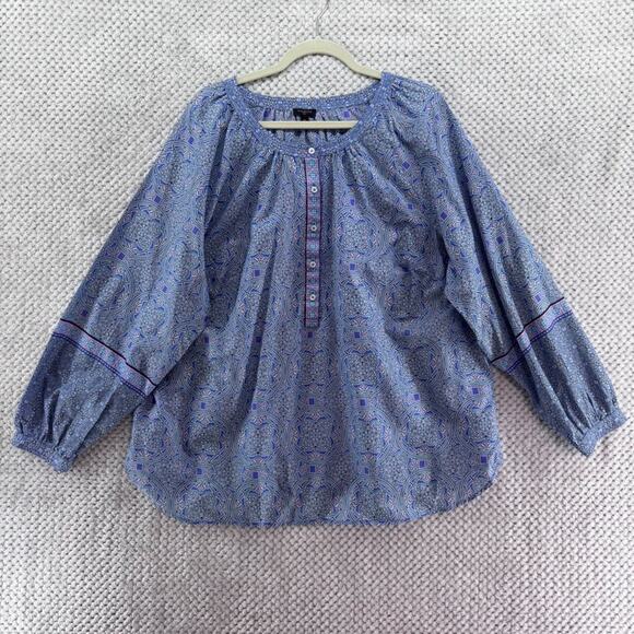Talbots Top Womens 2X Plus Blue Cotton Crew Neck Popover Button Long Sleeve New - Picture 1 of 13